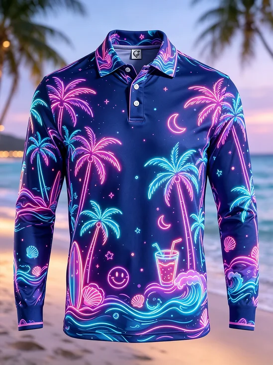 Moisture-Wicking Neon Tropical Plant & Coconut Tree Beach Print Long-Sleeve Hawaiian Golf Polo