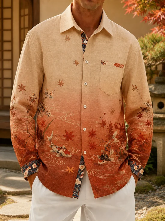 Linen-Texture Vintage Maple Leaf & Koi Carp Print Chest Pocket Casual Long-Sleeve Shirt