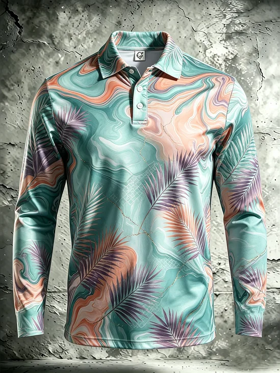 Moisture-Wicking Gradient 3D Abstract Marble & Leaf Print Long-Sleeve Hawaiian Golf Polo