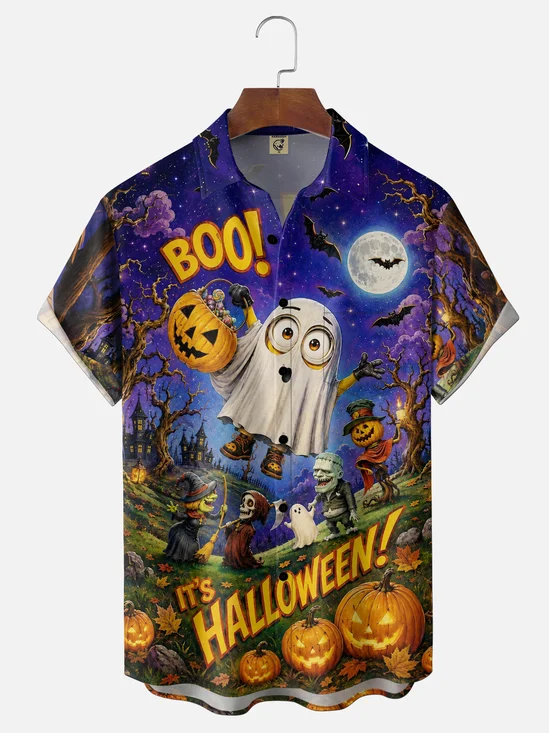 Moisture-Wicking Fun Halloween Monsters Chest Pocket Hawaiian Shirt