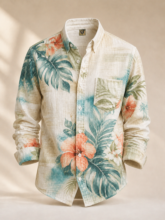 Linen-Texture Tropical Leaf & Floral Print Chest Pocket Casual Long-Sleeve Shirt