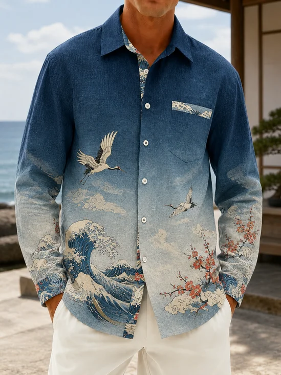 Linen-Texture Ukiyo-e Wave Crane Print Chest Pocket Long-Sleeve Casual Shirt
