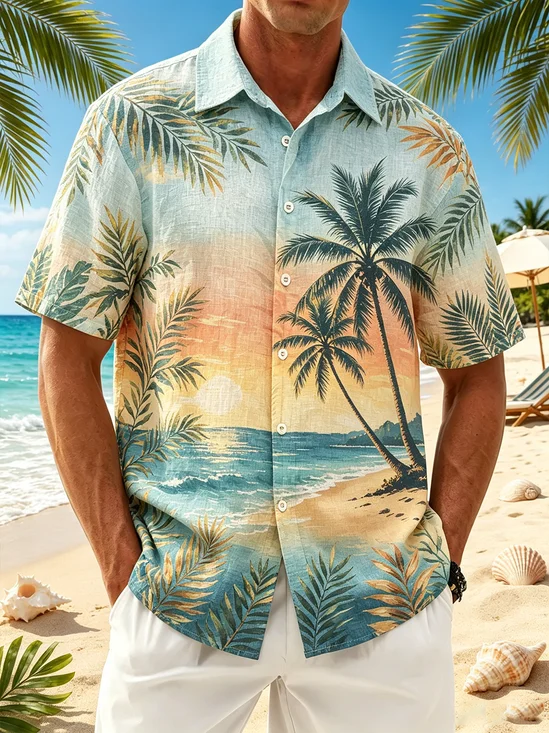 Tall Size Linen-Texture Tropical Coconut Tree Print Chest Pocket Holiday Hawaiian Shirt