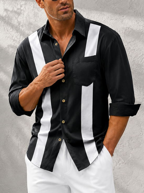 Moisture-Wicking Geometric Stripe Chest-Pocket Casual Long-Sleeve  Bowling Shirt