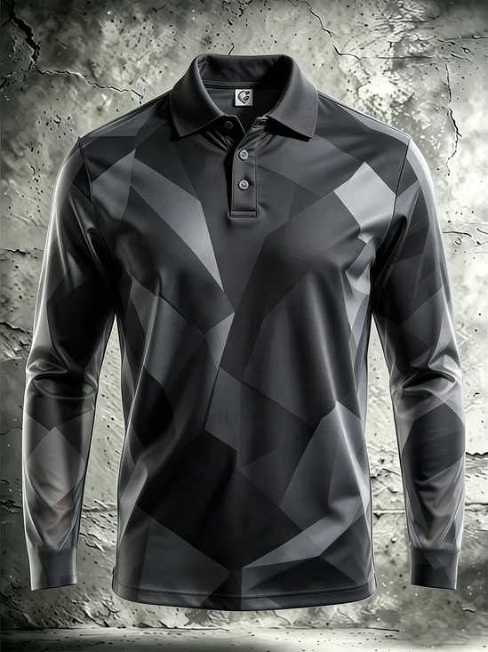 Moisture-Wicking Gradient 3D Abstract Geometric Color-Block Long-Sleeve Hawaiian Golf Polo