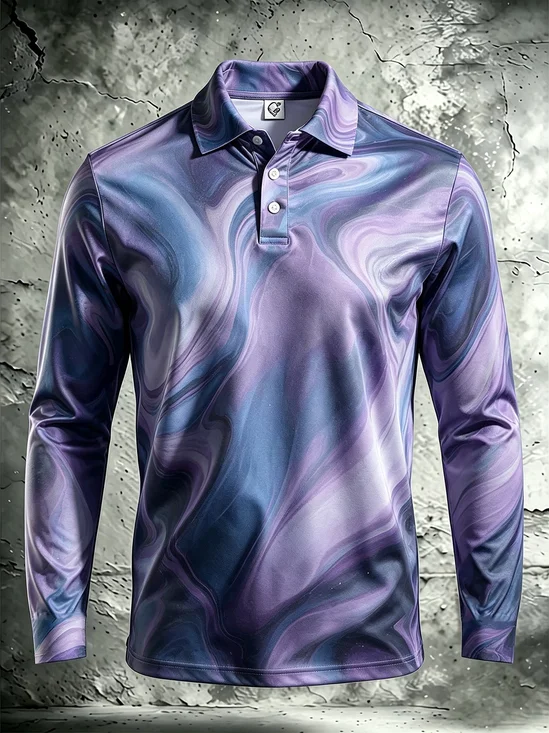 Moisture-Wicking Gradient 3D Abstract Karst-Pattern Long-Sleeve Hawaiian Golf Polo