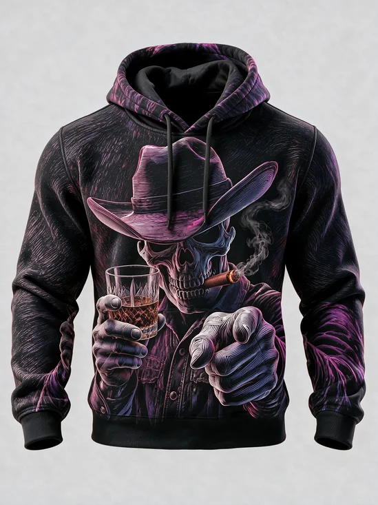 Halloween Western Gothic-Style Pointing Camera Skull Cowboy Alcohol Cigar Kangaroo-Pocket Hoodie Sweatshirt