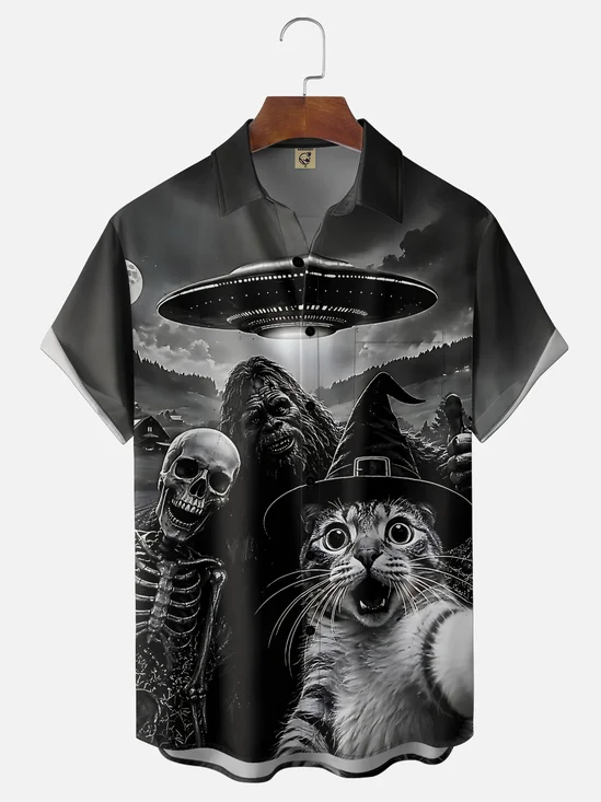 Moisture-Wicking Halloween Skulls Bigfoot Halloween Hats Cats Selfies Chest Pocket Hawaiian Shirt