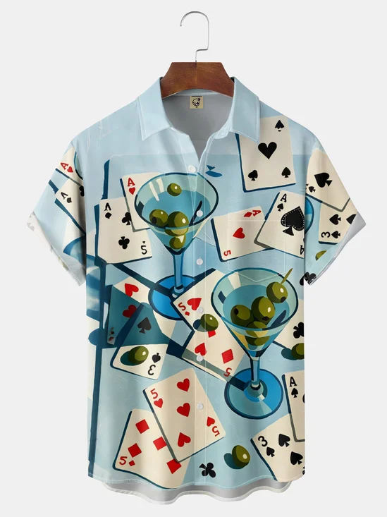 Moisture-Wicking Vacation Vibes Cocktails Poker Olives Chest Pocket Hawaiian Shirt