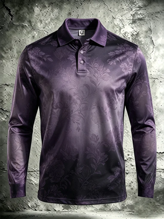 Moisture-Wicking Tropical Plant Print Gradient Long-Sleeve Hawaiian Golf Polo