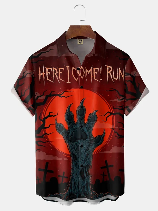 Moisture-Wicking Halloween Cemetery Moon Cat Paw Chest Pocket Hawaiian Shirt