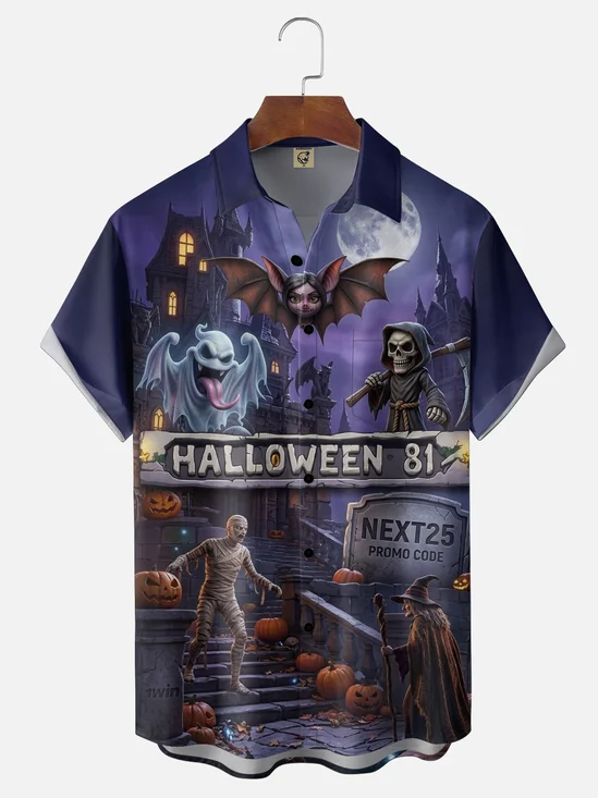 Moisture-Wicking Halloween Ghosts Skeletons Witches Pumpkins  Chest Pocket Hawaiian Shirt