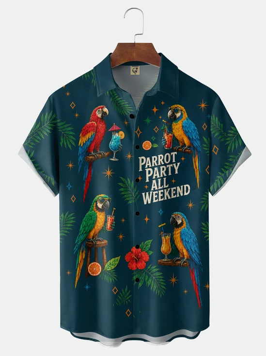 Moisture-Wicking Parrot Party Tropical Cocktails Hibiscus Chest Pocket Hawaiian Shirt
