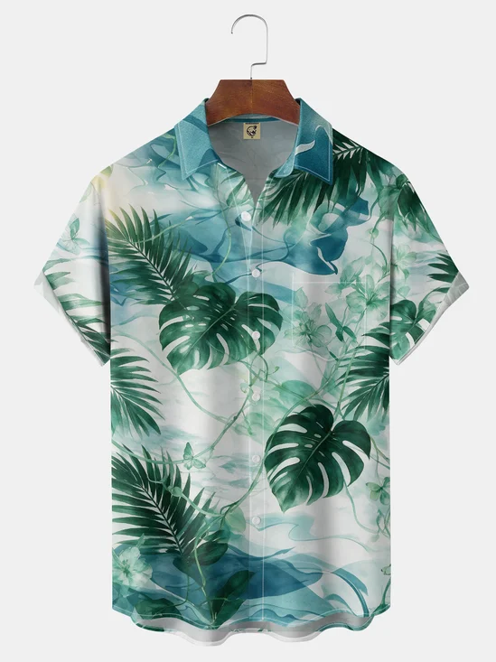Moisture-Wicking Fresh Palm Leaf Chest Pocket Hawaiian Shirt