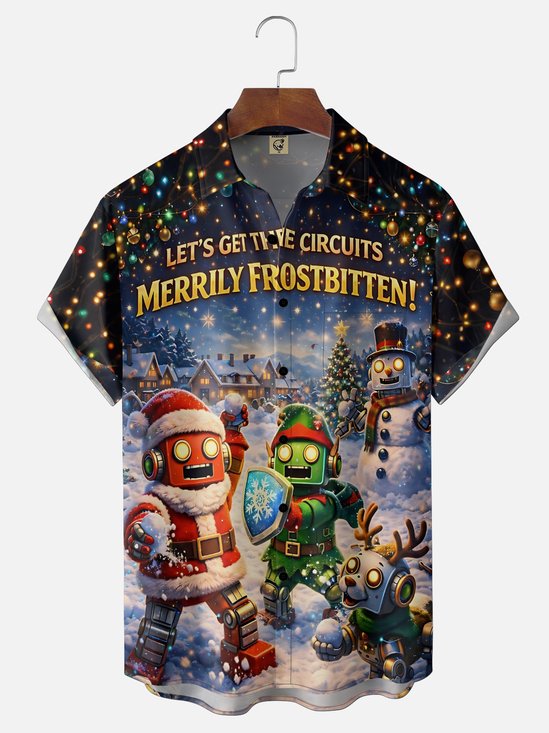 Moisture-Wicking Christmas Tree Santa Hat Robot Snowman Print Chest Pocket Hawaiian Shirt