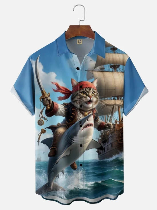 Moisture-Wicking Sailboat Pirate Cat Shark Chest Pocket Hawaiian Shirt