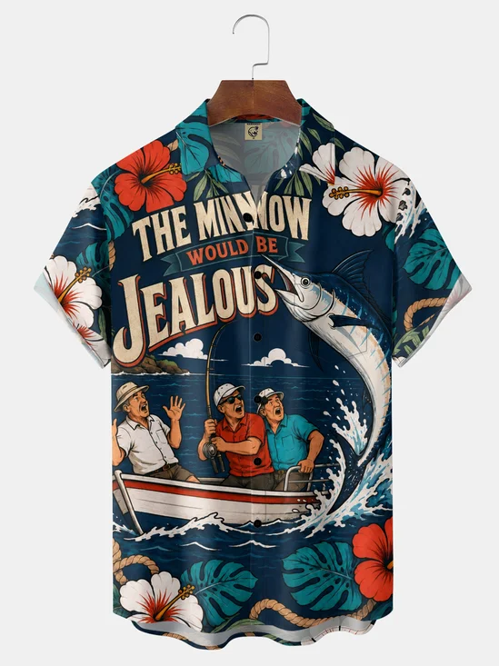 Moisture-Wicking Retro Comic-Style Fun Deep-Sea Fishing Slogan:“THE MINNOW WOULD BE JEALOUS” Fish Hibiscus Chest Pocket Hawaiian Shirt