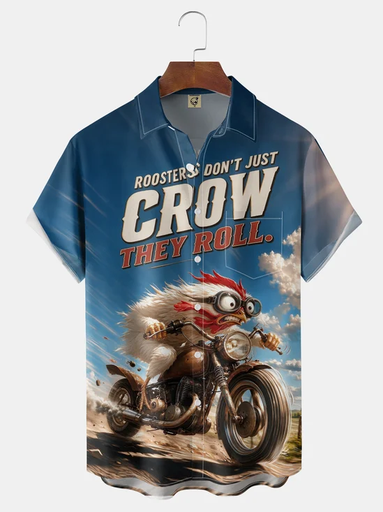 Moisture-Wicking American-Style Motorcycle-Themed Rooster Slogan "Roosters Don't Just Crow They Roll" Chest Pocket Casual Shirt