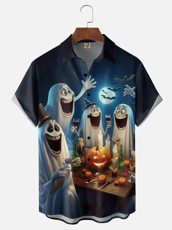 Moisture-Wicking Halloween Ghosts Halloween Hats Red Wine Bats Chest Pocket Hawaiian Shirt