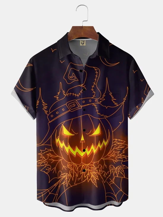 Moisture-Wicking Halloween Neon Line Pumpkin Head Chest Pocket Hawaiian Shirt