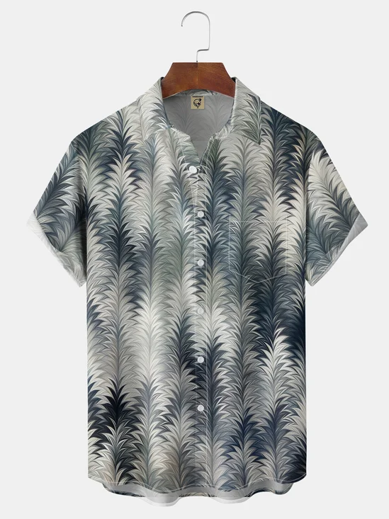 Moisture-Wicking Palm Leaf Art Abstract Pattern Chest Pocket Hawaiian Shirt
