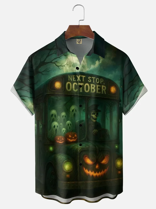 Moisture-Wicking Halloween Ghost & Skeleton Print Chest Pocket Hawaiian Shirt