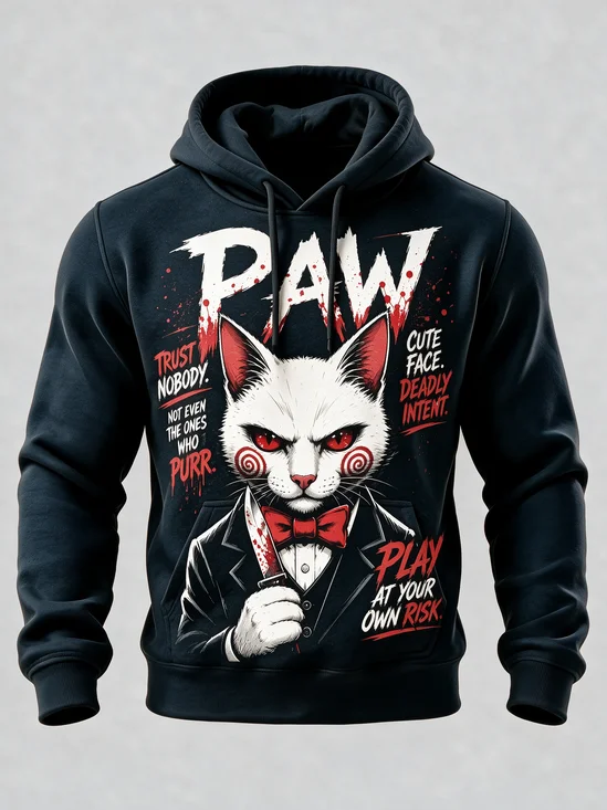 Halloween Spiral Blush Bloody Slogan Cat Kangaroo-Pocket Hoodie Sweatshirt