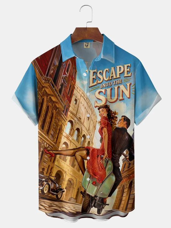Moisture-Wicking Vintage Italian City Motorcycle Trip Retro Beauty Man Suit Chest Pocket Hawaiian Shirt