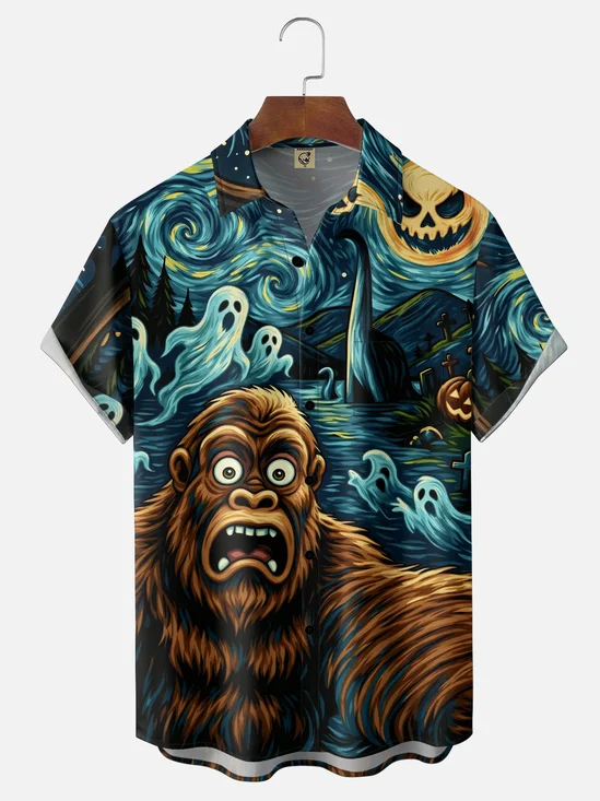 Moisture-Wicking Halloween Bigfoot & Pumpkin Art Print Chest Pocket Hawaiian Shirt