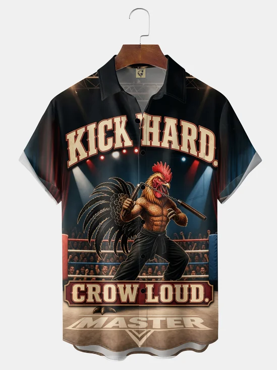 Moisture-Wicking Fun Kung Fu Rooster Arena Chest Pocket Hawaiian Shirt