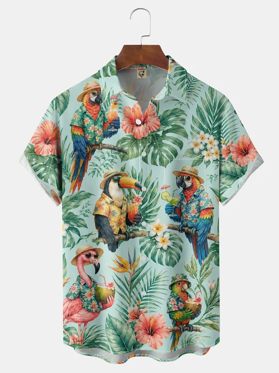 Moisture-Wicking Tropical Parrot Toucan Flamingo Hibiscus Chest Pocket Hawaiian Shirt