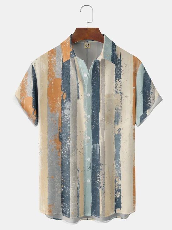 Moisture-Wicking Vintage Art Striped Chest Pocket Hawaiian Shirt
