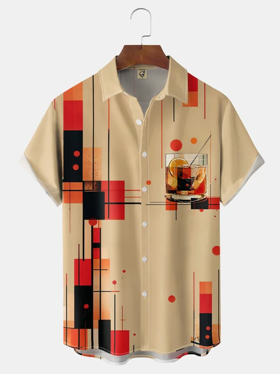 Moisture-Wicking Retro Geometric Whiskey Color Blocks Lines Chest Pocket Hawaiian Shirt