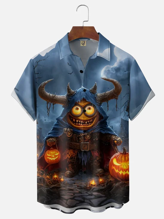 Moisture-Wicking Halloween Demon Minion Pumpkin Print Chest Pocket Hawaiian Shirt