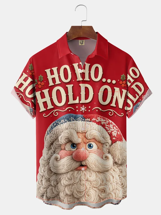 Moisture-Wicking Retro-Style Christmas Santa Claus Playful Pun Slogan "HO HO Hold On" Chest Pocket Hawaiian Shirt