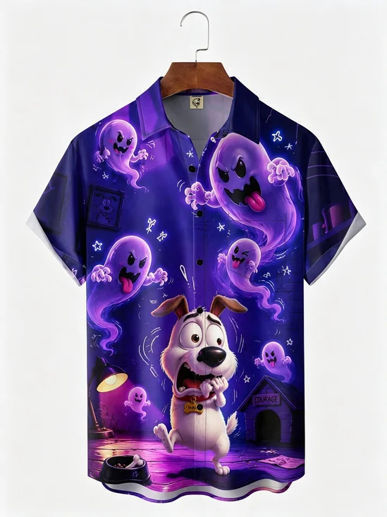 Moisture-wicking Halloween Ghost Dog Chest Pocket Holiday Shirt
