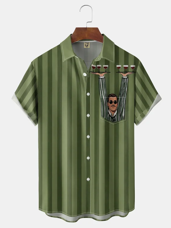 Moisture-Wicking American Vintage Bartender Fun Striped Chest Pocket Hawaiian Shirt