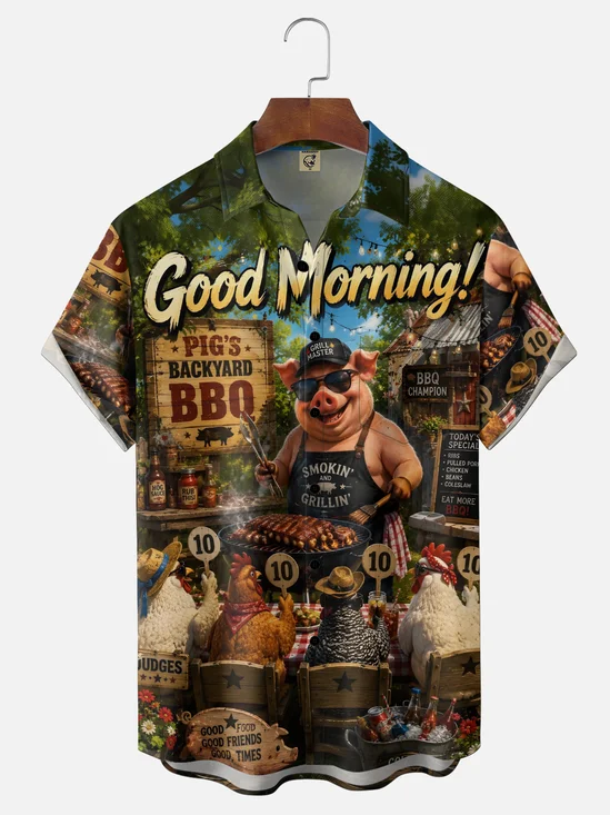 Moisture-Wicking Gradient Fun BBQ Pig & Food Theme Chest Pocket Hawaiian Shirt