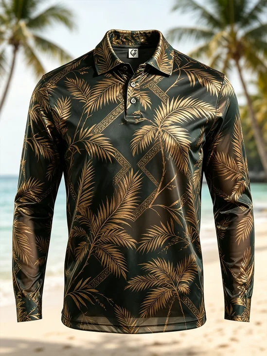 Moisture-Wicking Gradient Tropical Plant & Coconut Tree Geometric Print Long-Sleeve Hawaiian Golf Polo