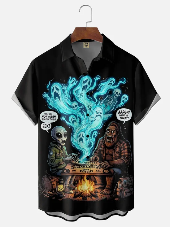 Moisture-Wicking Halloween Ghosts Bigfoot Aliens At A Campfire  Chest Pocket  Hawaiian Shirt