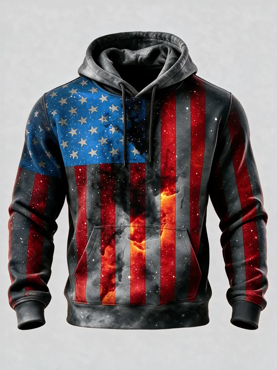 Nebula Milky Way American Flag Kangaroo-Pocket Hoodie Sweatshirt