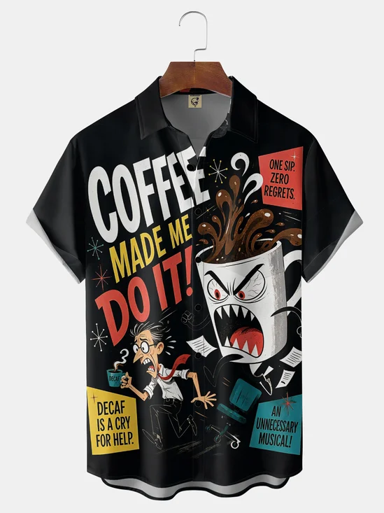 Moisture-Wicking Vintage Comic Quirky Coffee Man Fun Text Work Chest Pocket Hawaiian Shirt