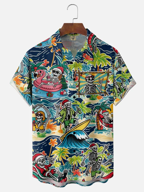 Moisture-Wicking Gradient Christmas Skull In Santa Hat String Lights Palm Trees  Chest Pocket  Hawaiian Shirt