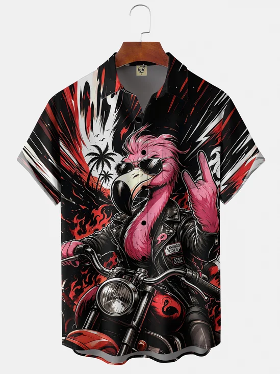 Moisture-Wicking American-Style Comic Motorcycle Flamingo Chest Pocket Hawaiian Shirt