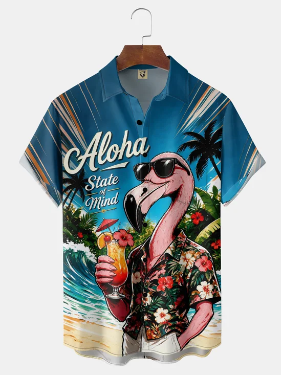 Moisture-Wicking Retro Flamingo Sunglasses Hibiscus Tropical Cocktail Aloha Chest Pocket Hawaiian Shirt