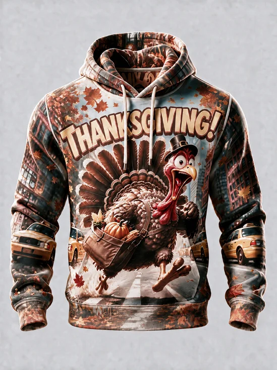 Thanksgiving City Running Turkey Fun Taxi Maple Leaves Kangaroo-Pocket Hoodie Sweatshirt