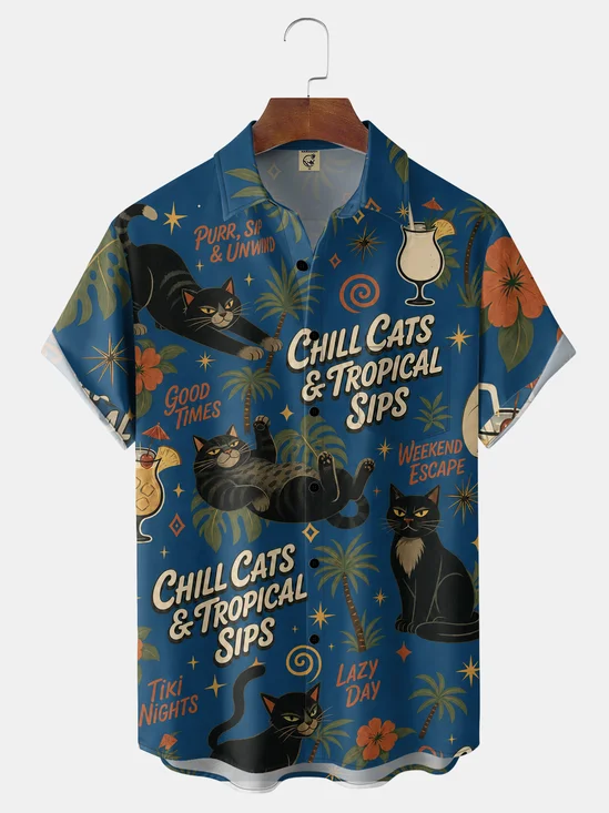Moisture-Wicking Cocktail Coconut Tree Cat Hibiscus Tropical Chest Pocket Hawaiian Shirt
