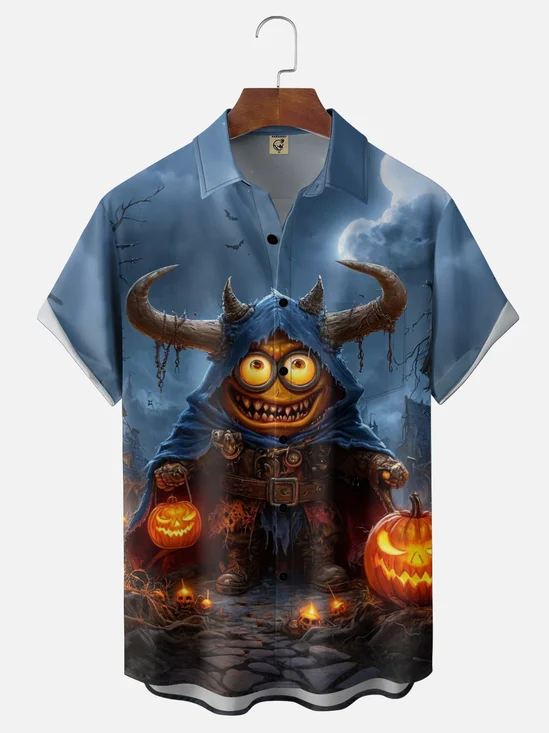 Moisture-Wicking Halloween Demon Minion Pumpkin Print Chest Pocket Hawaiian Shirt