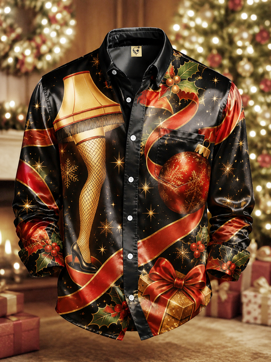 Breathable Silk Satin  Christmas Leg-Lamp  Chest Pocket Long-Sleeve Casual Shirt