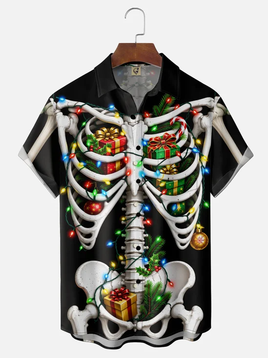 Moisture-Wicking Christmas Halloween Pumpkin Chest Pocket Hawaiian Shirt